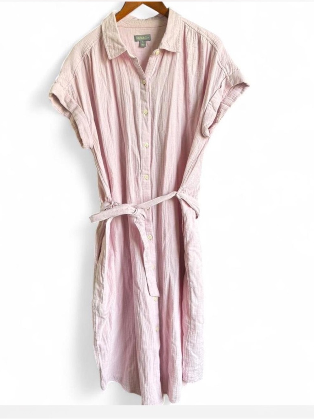 Classic Pink Button Down Dress Tie Waist Midi Summer Spring Women’s XL Casual